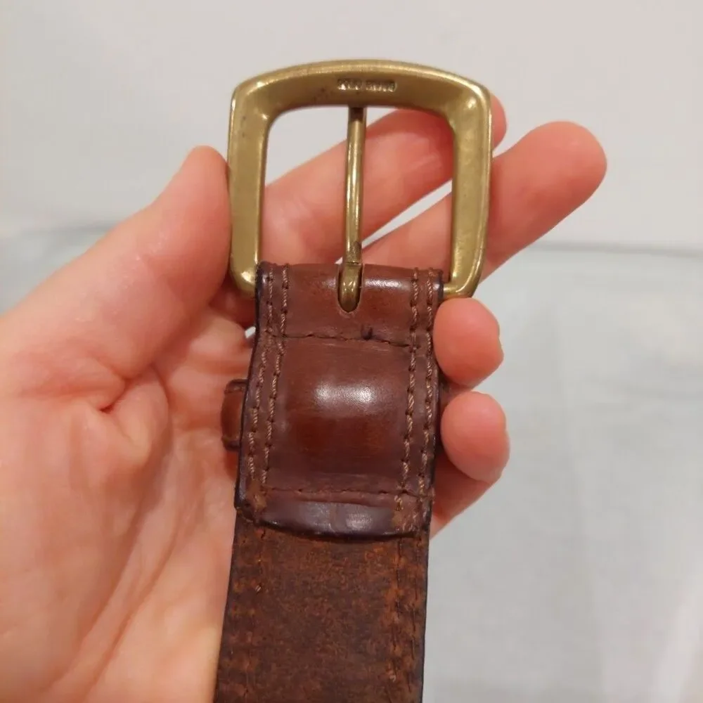 Men's Belt Brown Leather Double Stitched Edging Brass Buckle 39 Handmade America